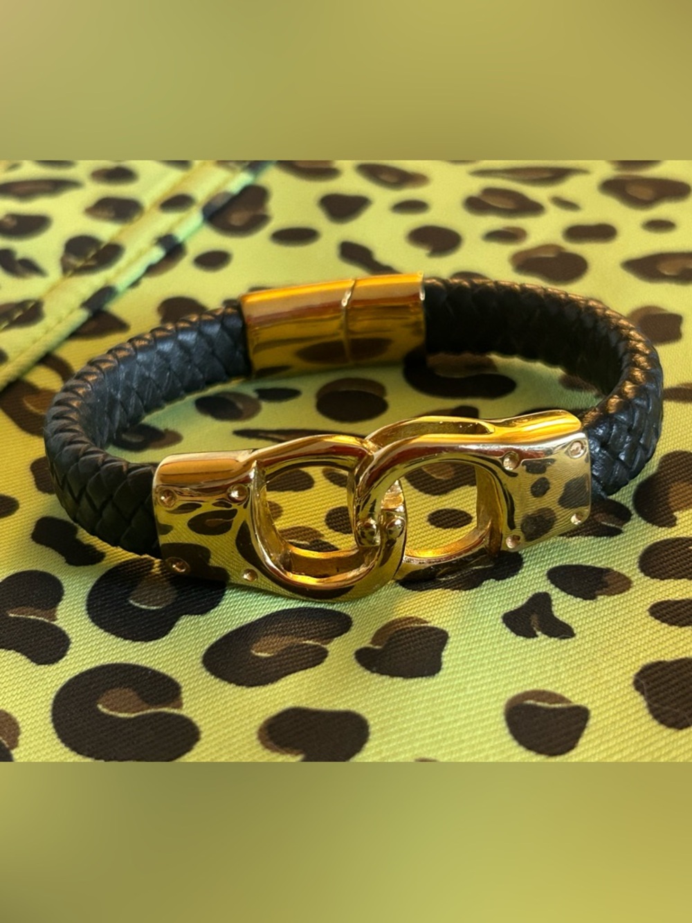 Black Braided Leather Bracelet Gold Tone Handcuff Hardware Gothic Punk